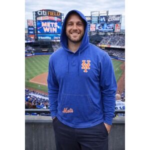 True Fan New York Mets Royal Blue Baseball Hoodie Button Neck Size Medium‎